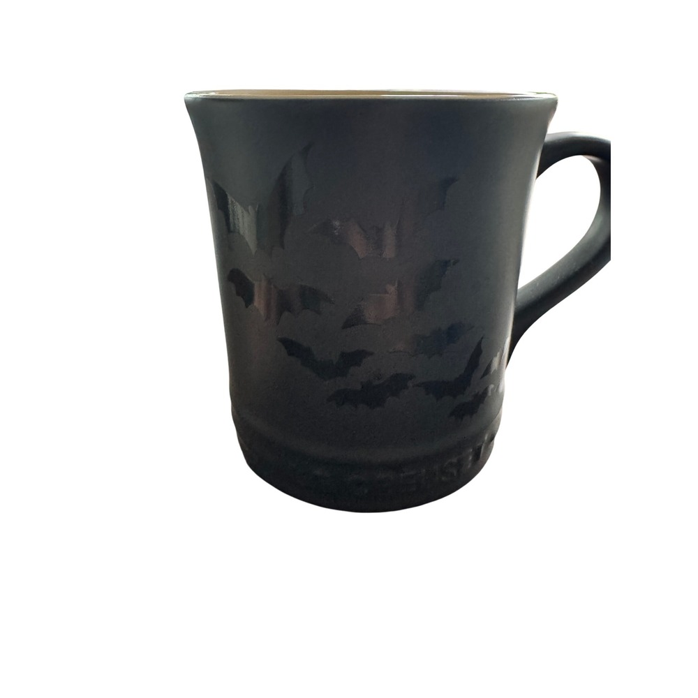 Le Creuset Seattle 14oz Coffee Mug Bat Decal Matte Black Stoneware Halloween NEW